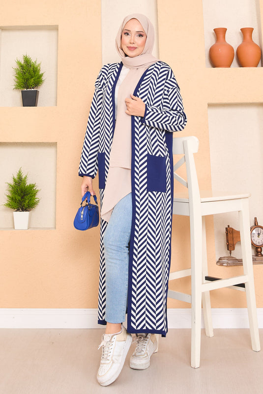 كارديجان حجاب محبوك مخطط بجيوب وتفاصيل متعرجة، أزرق داكن