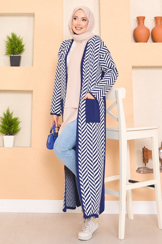 Cardigan hijab en tricot à rayures en zigzag avec poches détaillées bleu marine