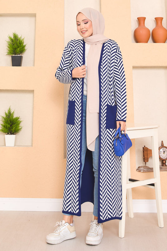 Cardigan hijab en tricot à rayures en zigzag avec poches détaillées bleu marine