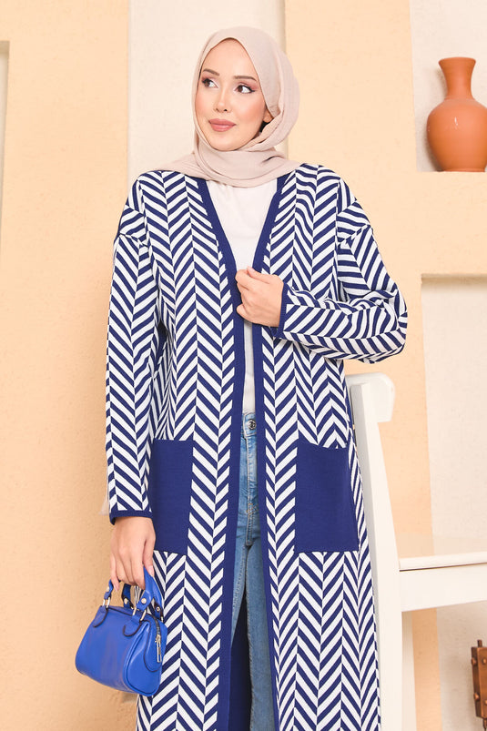 كارديجان حجاب محبوك مخطط بجيوب وتفاصيل متعرجة، أزرق داكن