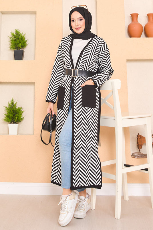 Cardigan hijab en tricot à rayures en zigzag avec poches détaillées, noir