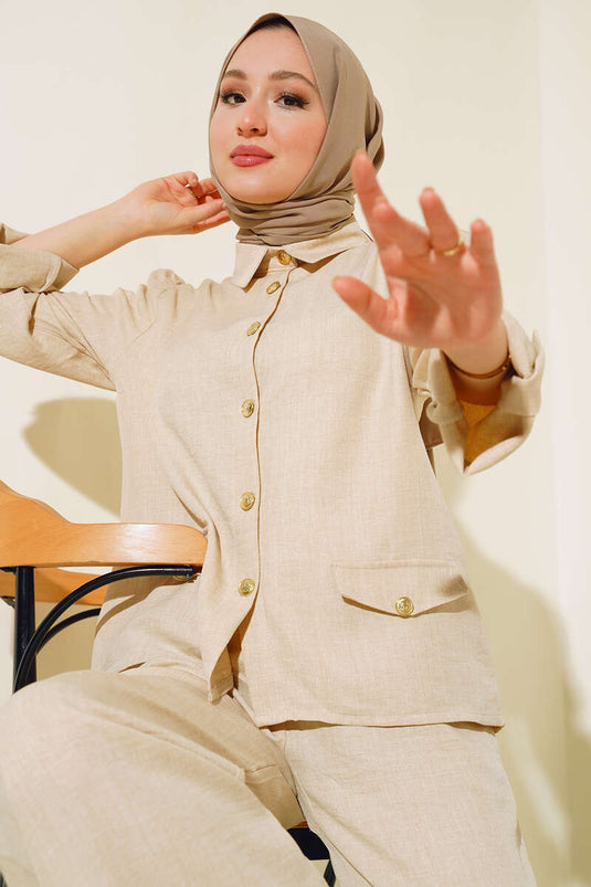 Button Detail Linen Two-Piece Set Beige