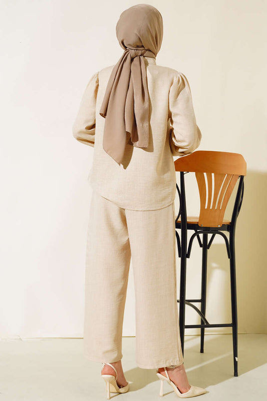 Button Detail Linen Two-Piece Set Beige