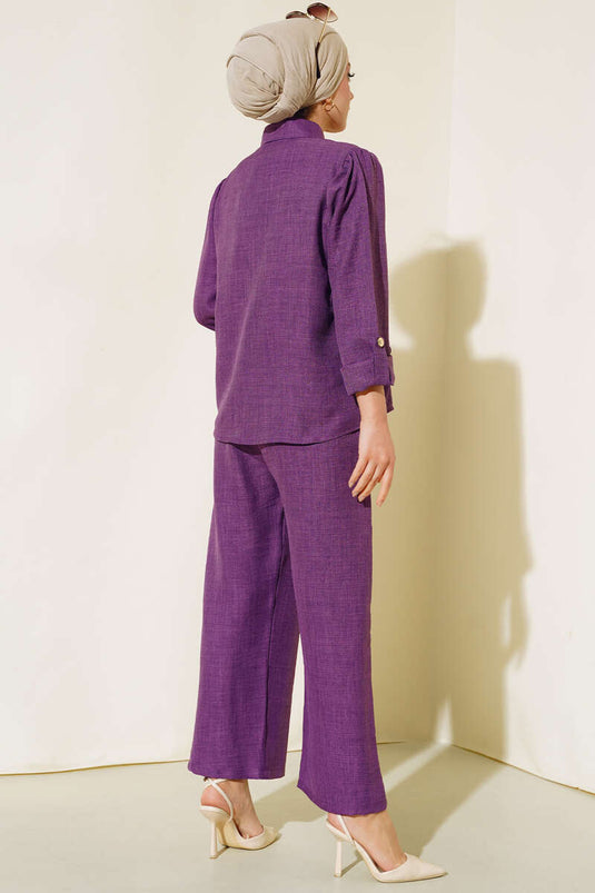 Cep Düğme Detaylı Keten Takım Mor