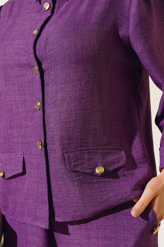 Cep Düğme Detaylı Keten Takım Mor