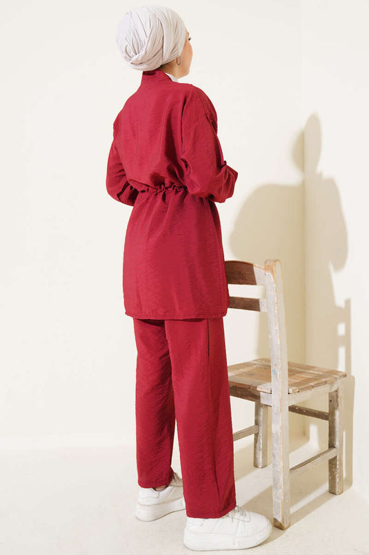 Pocket Flap Waist Tunnel Two Piece Suit Claret Red