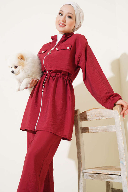 Pocket Flap Waist Tunnel Two Piece Suit Claret Red