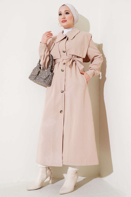 Beige Trench Coat with Hood Detail