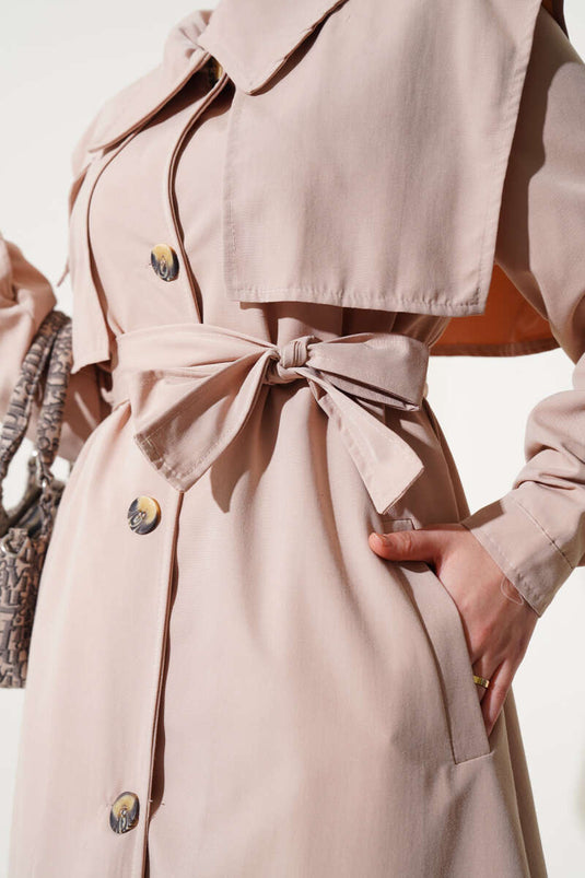 Beige Trench Coat with Hood Detail