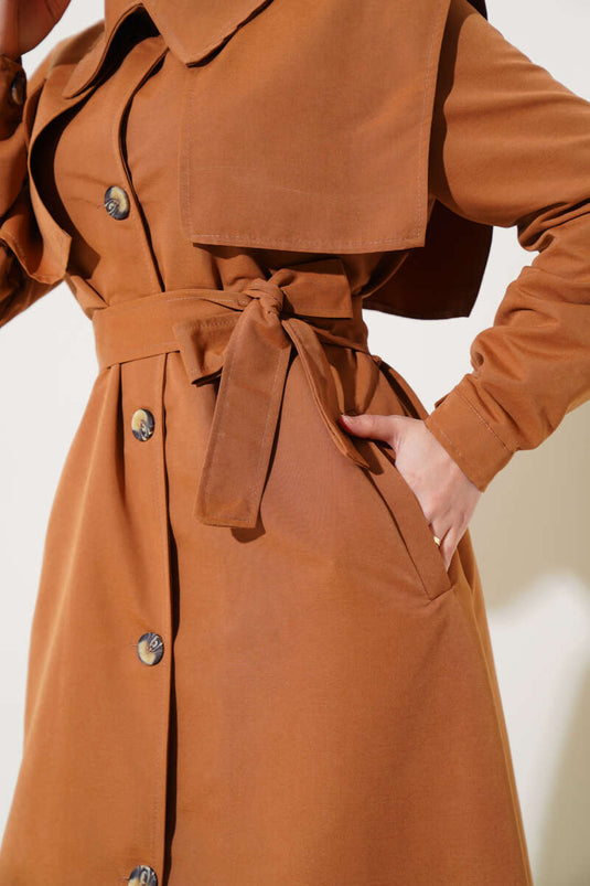 Cuff Detail Cape Trench Coat Tan