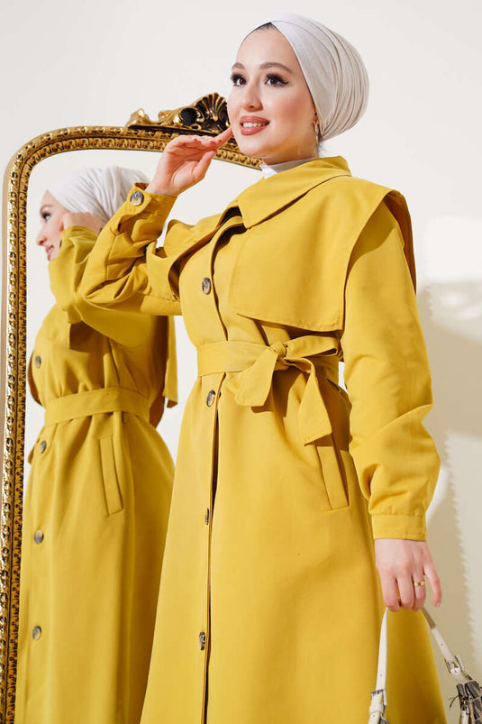 Oil Green Trench Coat with Hood Detail