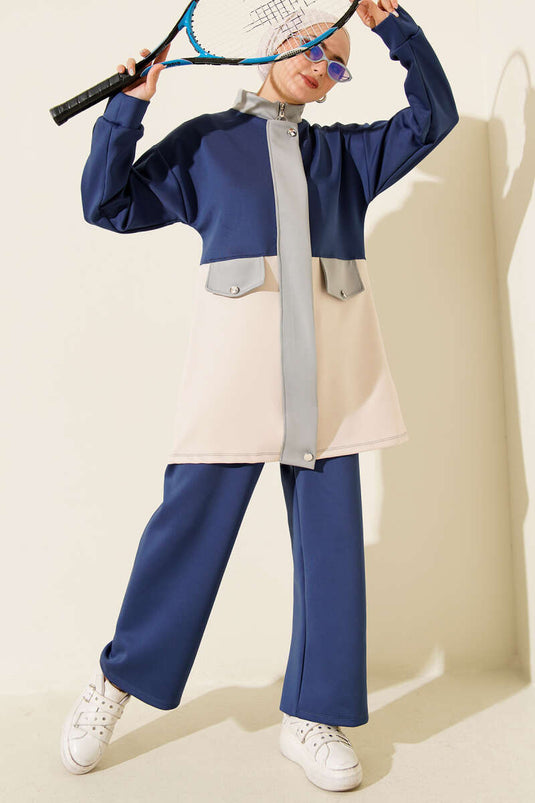 بدلة غوص من قطعتين بتفاصيل جيب، أزرق داكن