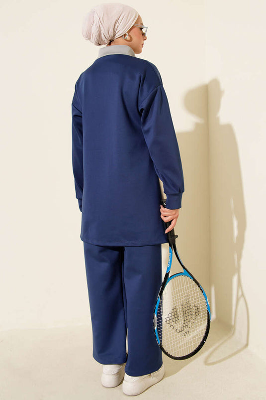 بدلة غوص من قطعتين بتفاصيل جيب، أزرق داكن