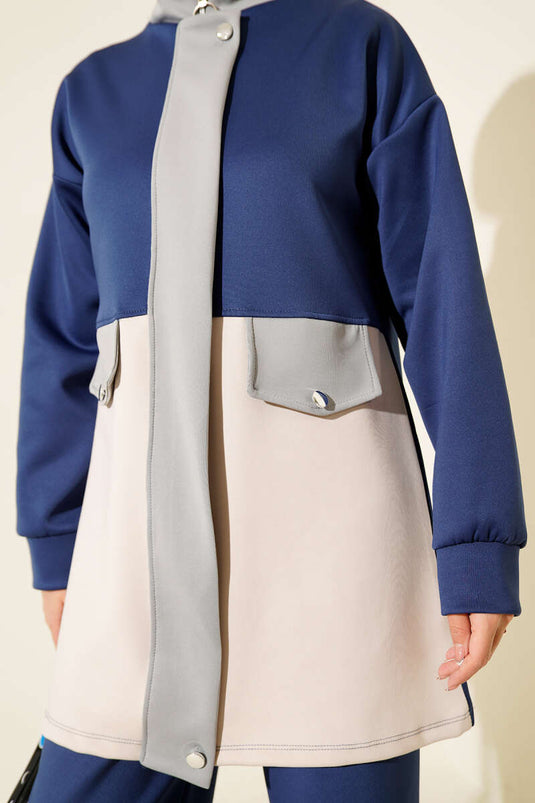 بدلة غوص من قطعتين بتفاصيل جيب، أزرق داكن