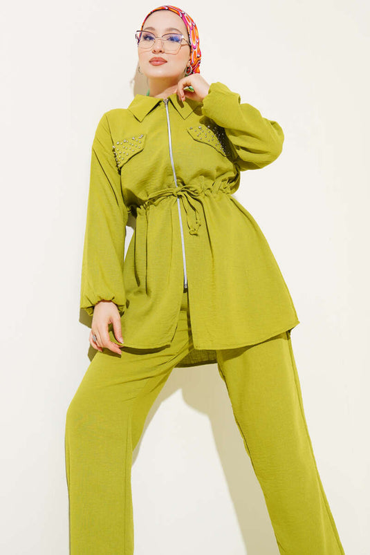 Pocket Flap Embellished Linen Set with Waist Tunnel, Pistachio Green