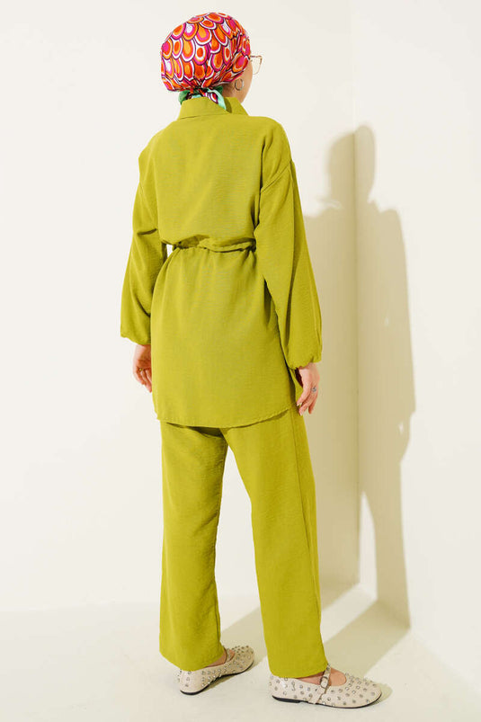 Pocket Flap Embellished Linen Set with Waist Tunnel, Pistachio Green