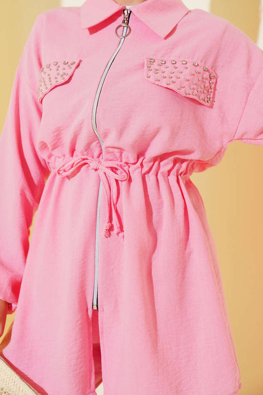 Roze linnen set met klepzakken, steentjesversiering en tailletunnel