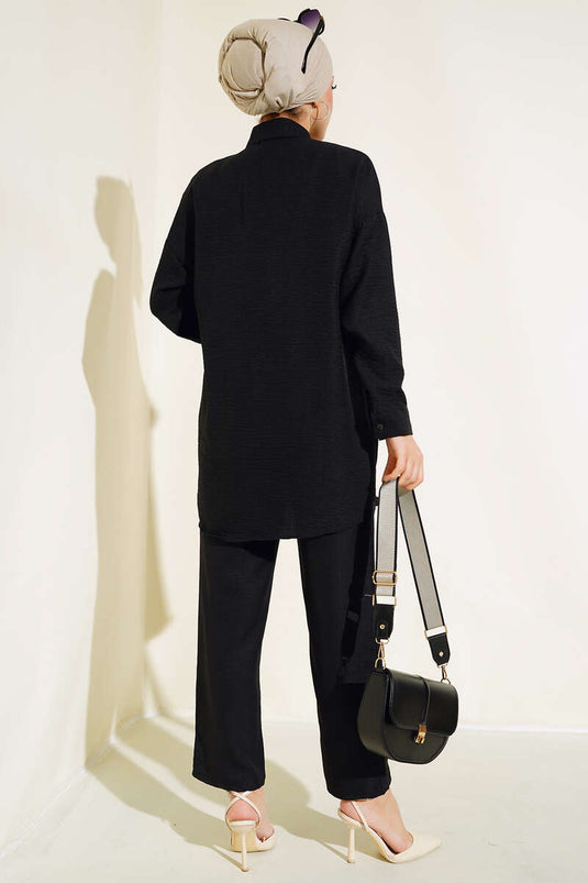 Costume double en lin orné de perles avec rabats de poche Noir