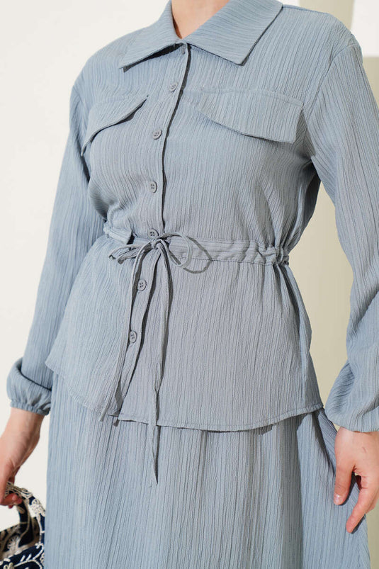 Pocket Flap Waist Tunnel Skirted Crepe Suit Gray