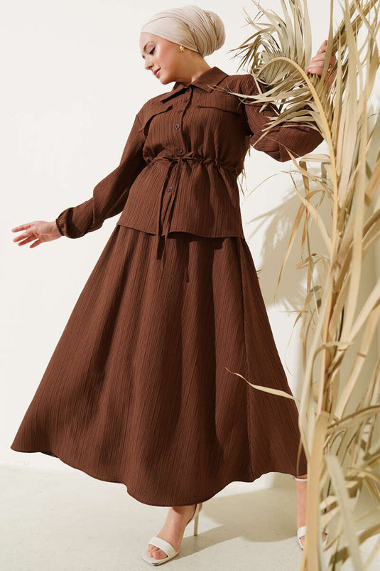 Pocket Flap Waist Tunnel Skirted Bürümcük Suit Brown
