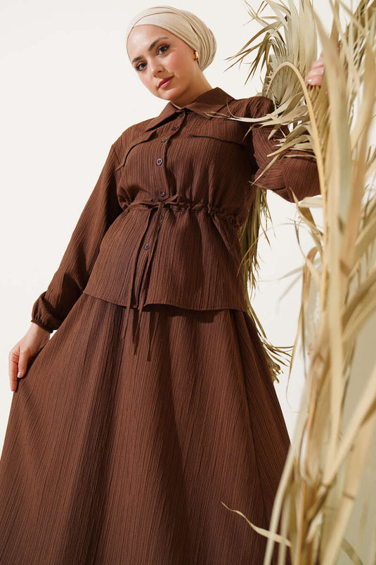 Pocket Flap Waist Tunnel Skirted Bürümcük Suit Brown