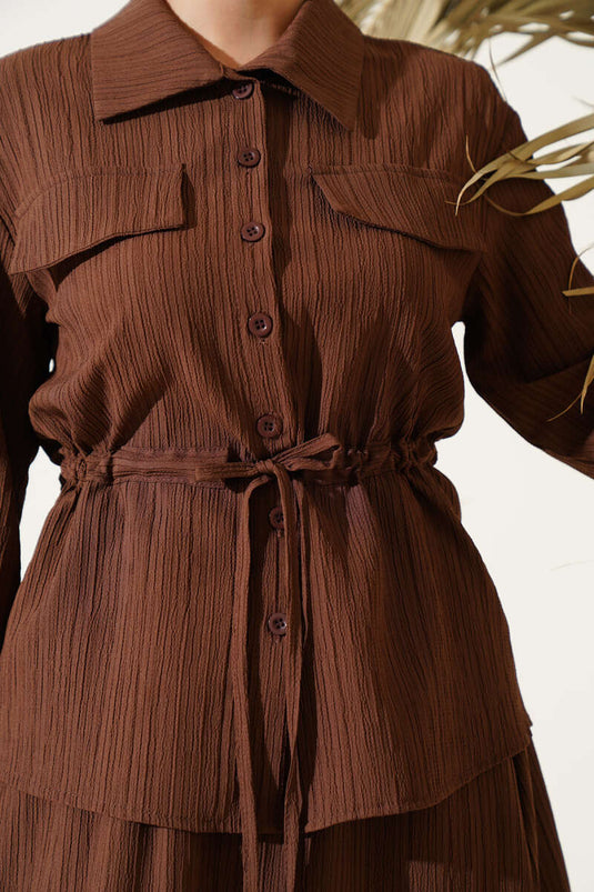 Pocket Flap Waist Tunnel Skirted Bürümcük Suit Brown