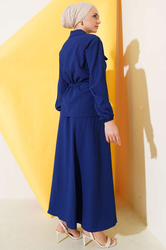 Pocket-Flap Waist Tunnel Skirted Crinkle Suit Navy Blue