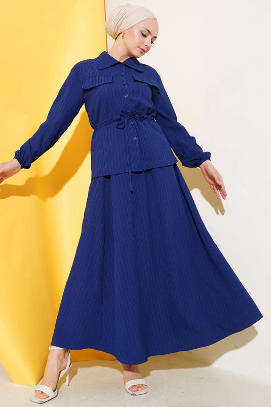 Pocket-Flap Waist Tunnel Skirted Crinkle Suit Navy Blue