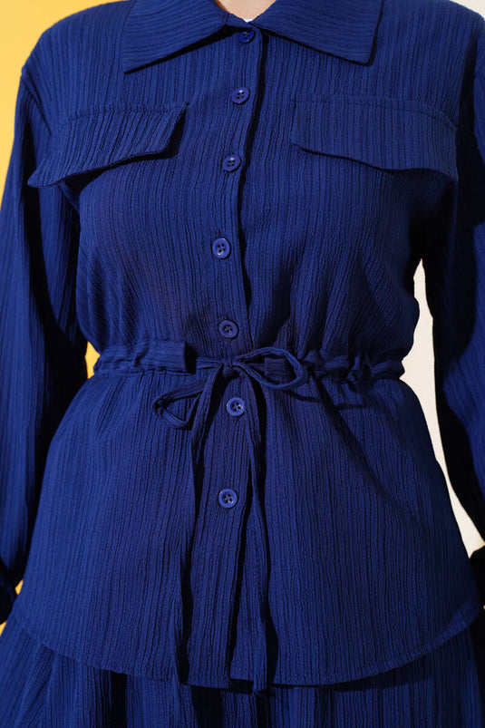 Pocket-Flap Waist Tunnel Skirted Crinkle Suit Navy Blue