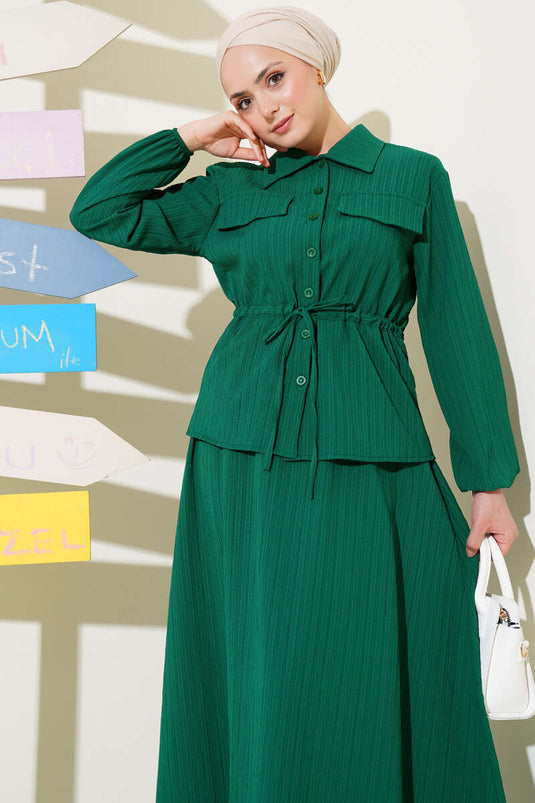 Cep Kapaklı Bel Tünelli Etekli Bürümcük Takım Zümrüt