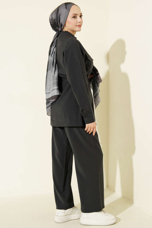 Two-Piece Set with Pocketed Waist and Tunnel Detail, Modal Fabric, Smoke Color