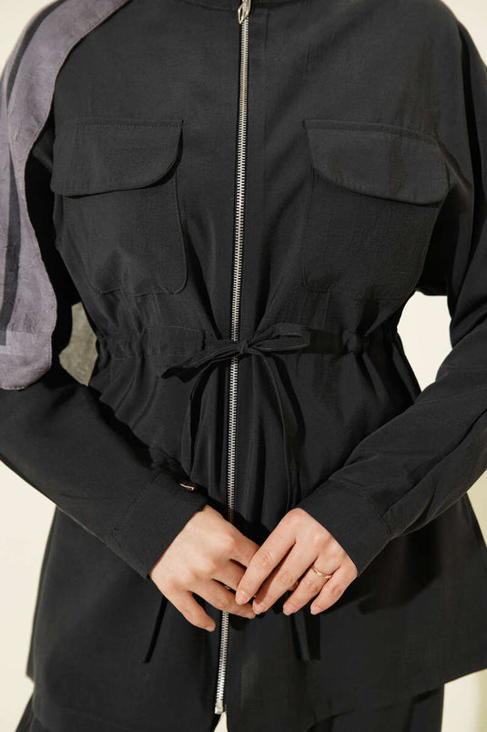 Ensemble double en modal avec ceinture à tunnel et fermeture à glissière, couleur fumée