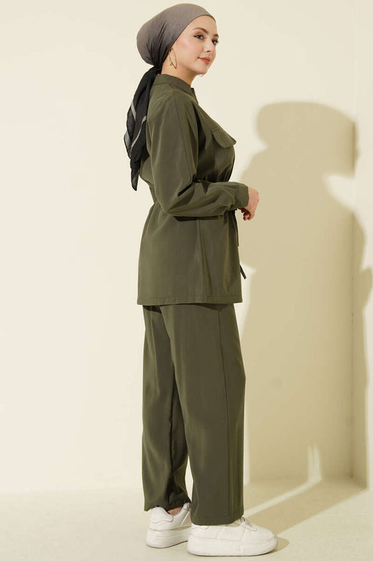 Two-Piece Set with Pocketed Waist and Tunnel Drawstring, Modal Fabric, Khaki