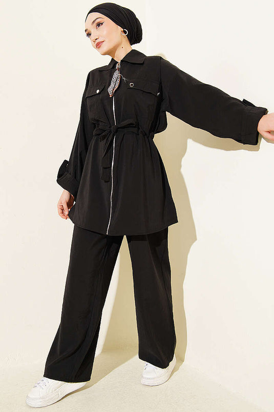 Ensemble modal noir avec ceinture et poche à rabat