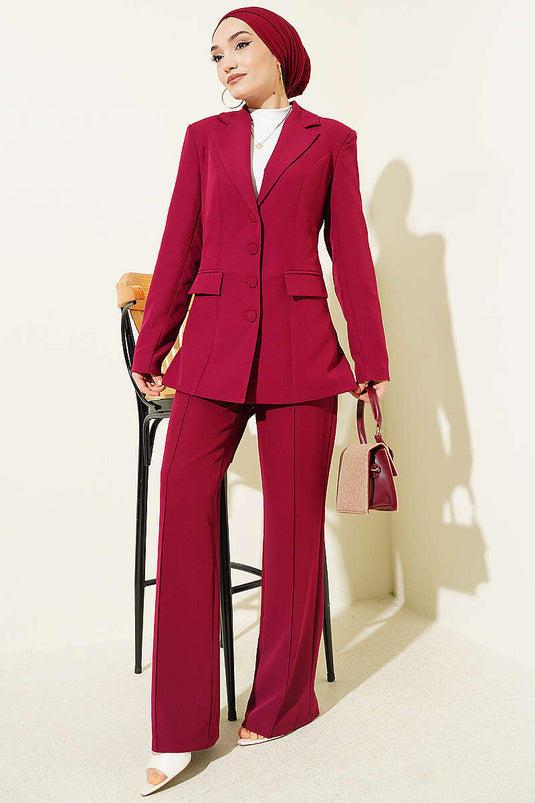 Two-Piece Set with Blazer Jacket and Pocket Flap, Burgundy