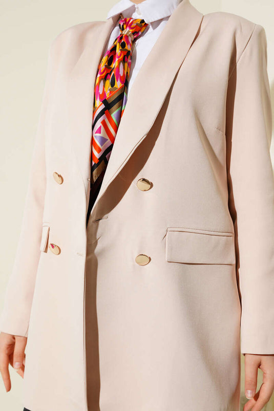 Double-breasted Blazer Jacket with Pocket Flaps, Beige
