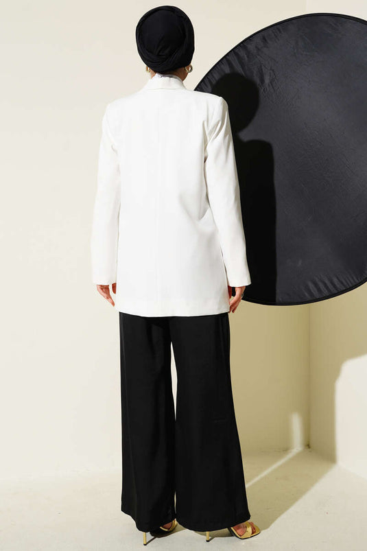 Double-breasted Blazer Jacket with Pocket Flaps, White