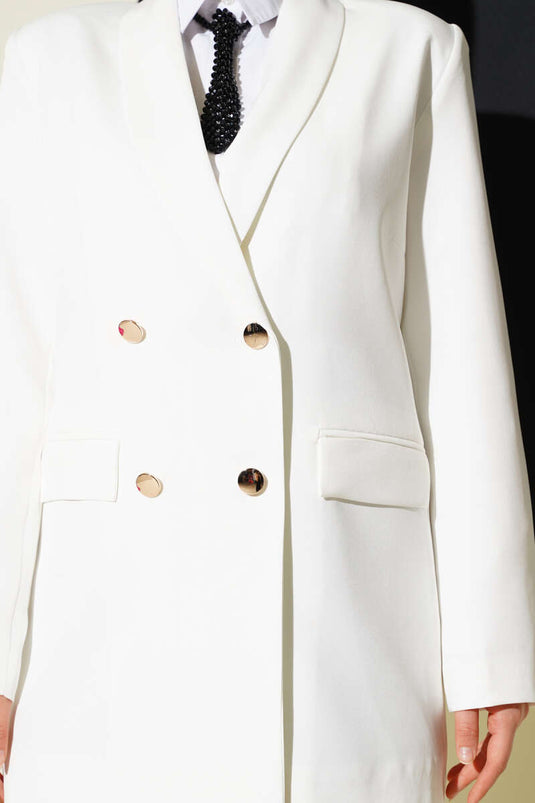 سترة بليزر مزدوجة الصدر مع جيوب، أبيض