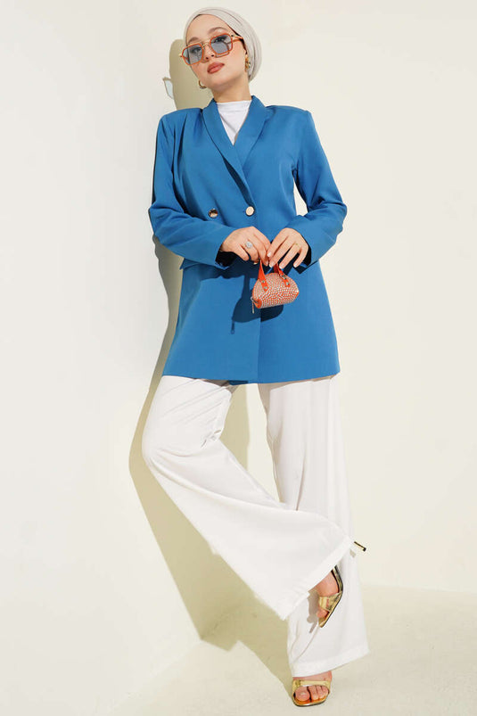 Double-breasted Blazer Jacket with Pocket Flaps in Indigo