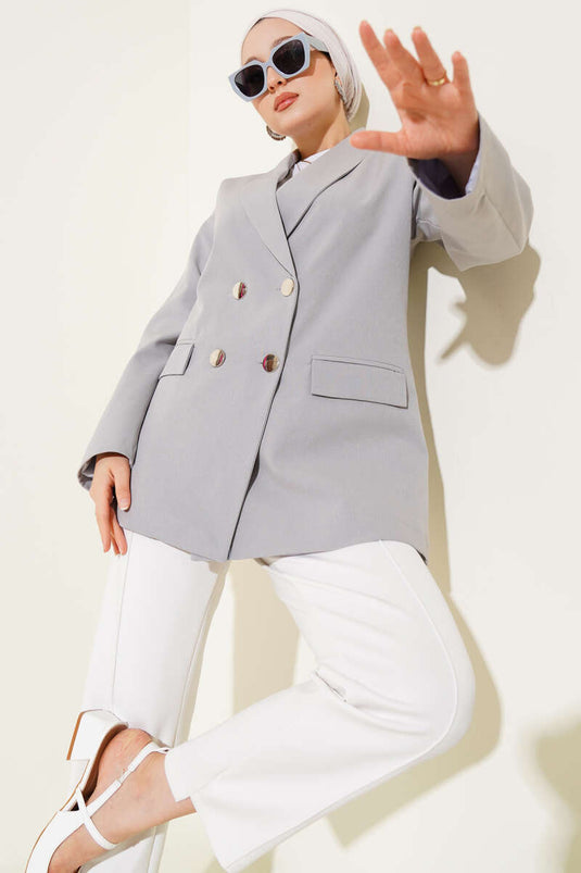 سترة بليزر بأربعة أزرار مع جيوب، رمادي