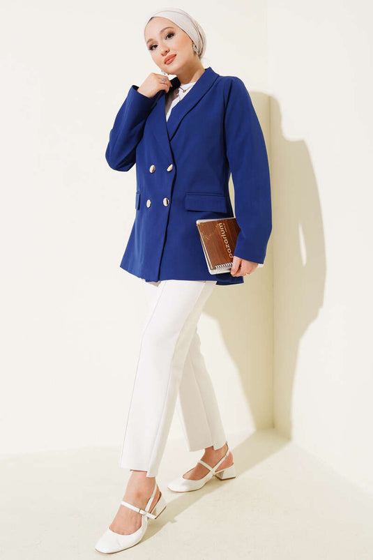 Cep Kapaklı Dört Düğmeli Blazer Ceket Lacivert