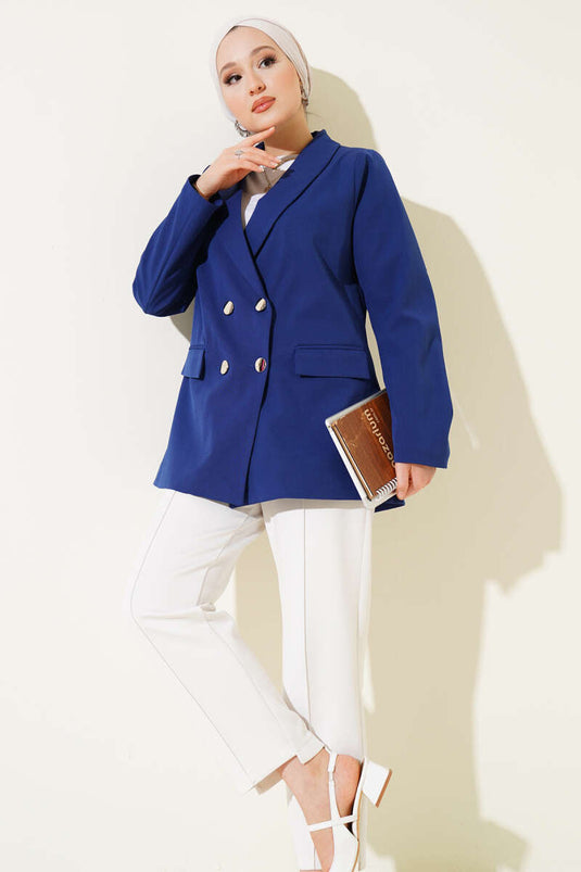 Four-Button Blazer Jacket with Pocket Flaps, Navy Blue