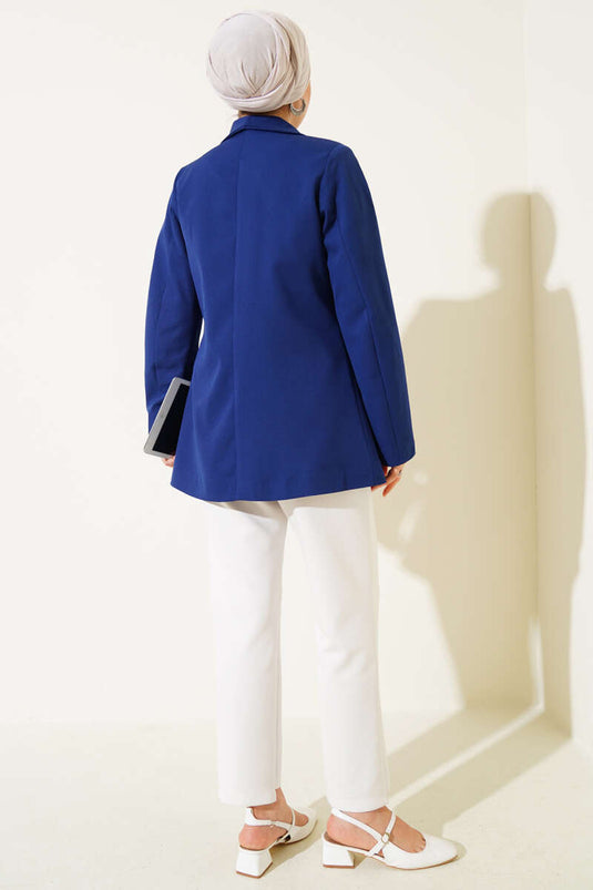 Four-Button Blazer Jacket with Pocket Flaps, Navy Blue