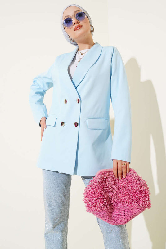 Four-Button Blazer Jacket with Pocket Flaps Blue