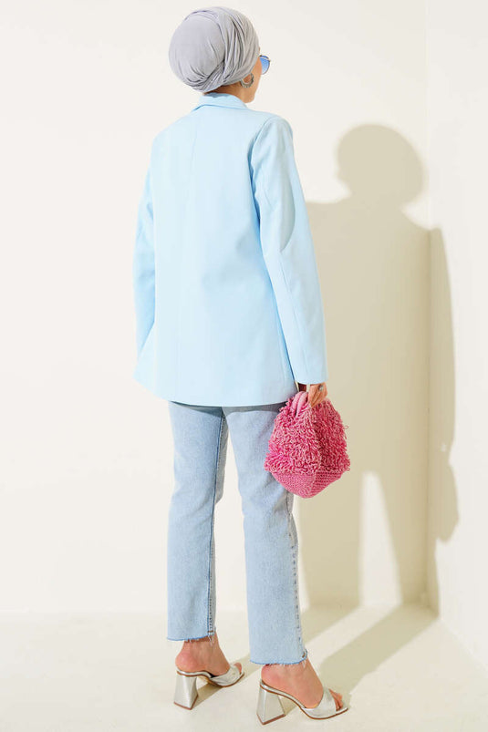 Four-Button Blazer Jacket with Pocket Flaps Blue