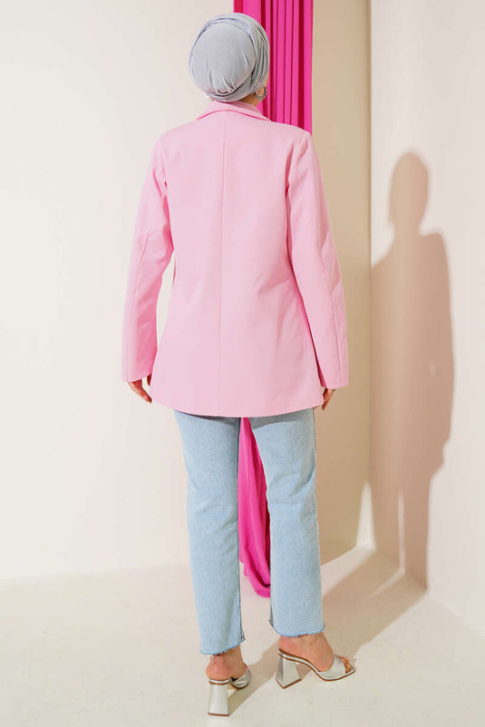 Four-Button Blazer Jacket with Pocket Flaps, Pink