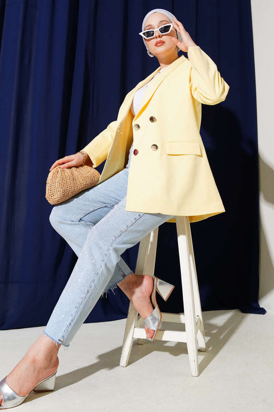 Four-Button Blazer Jacket with Pocket Flaps Yellow
