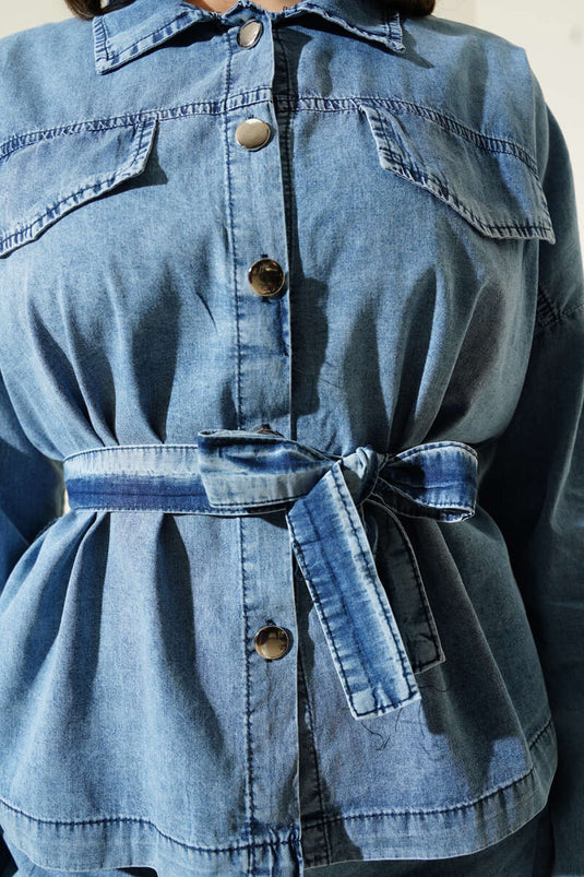 Cep Kapaklı Düğmeli Kuşaklı Kot İkili Takım Kot Mavisi