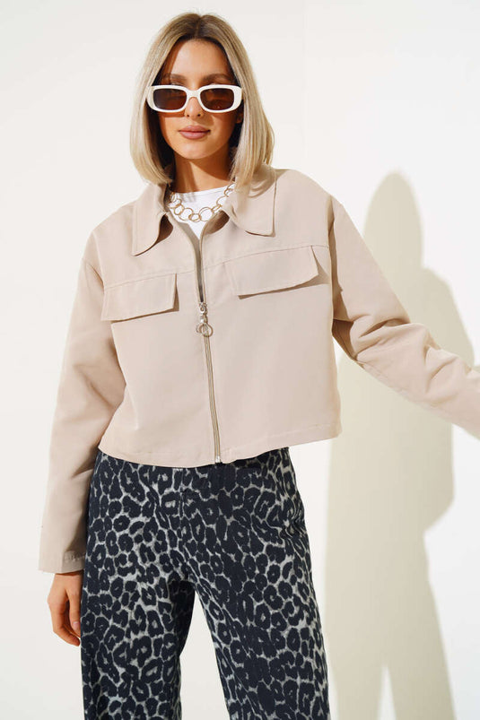 Cep Kapaklı Fermuarlı Kısa Ceket Bej