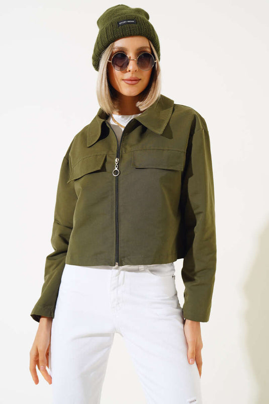 Cep Kapaklı Fermuarlı Kısa Ceket Haki